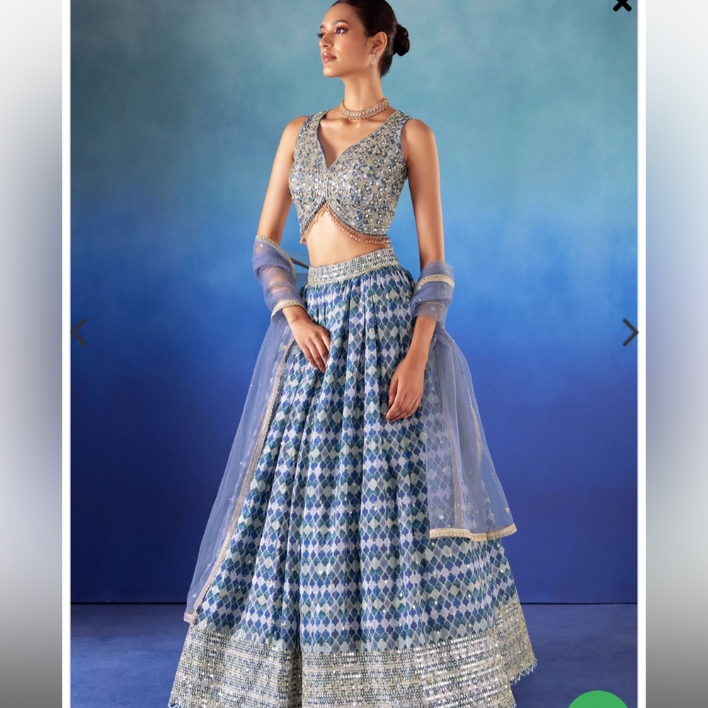 INDYA LUXE Blue Abstract Print Lehenga Set With Embroidered Blouse, Mesh Dupatta